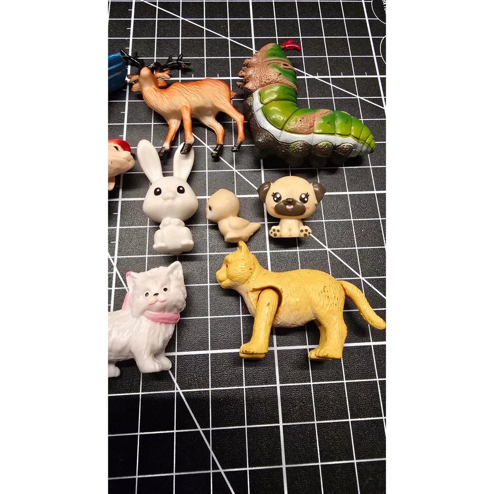 Vintage Mixed Animal Figurine Lot Miniature Plastic PVC Deer Cat Dog Caterpillar